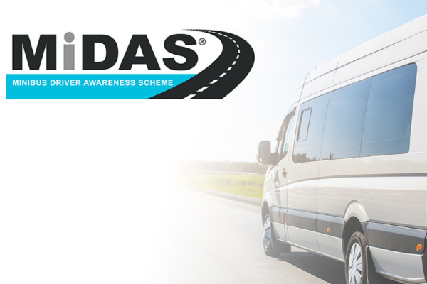 black and blue MiDAS logo in the top left hand corner with the top of a white minibus