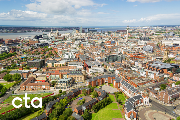 Aerial photo of Liverpool city centre and waterfront 