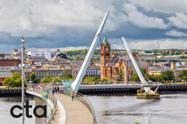 photo of the peace bridge in Londonderry/Derry Northern Ireland with black cta logo in the bottom left hand corner 