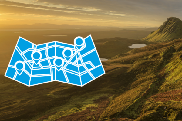 photo of the scottish highlands, rural road and map illustration in blue