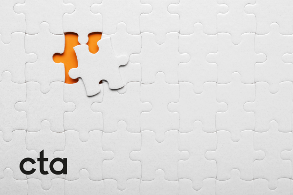 white background showing an orange jigsaw piece fitting into place  and a black cta logo in the bottom left corner 