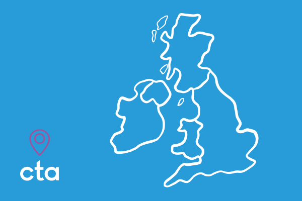 blue background showing the white outline of the UK map with a magenta map pin and white cta logo 