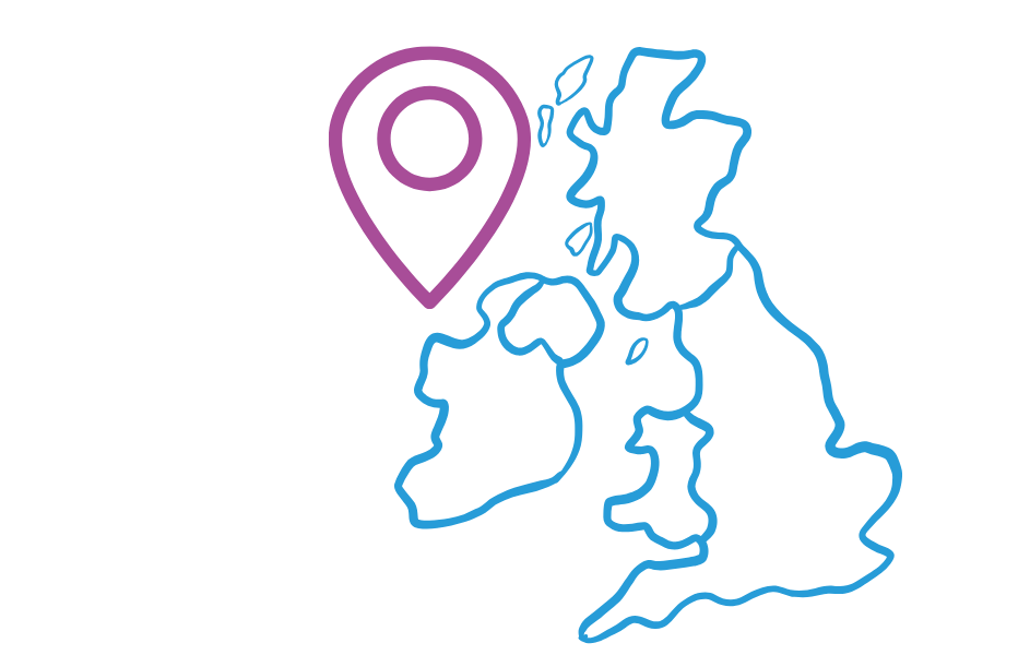 White image showing a UK map outline in blue and a map pin in magenta