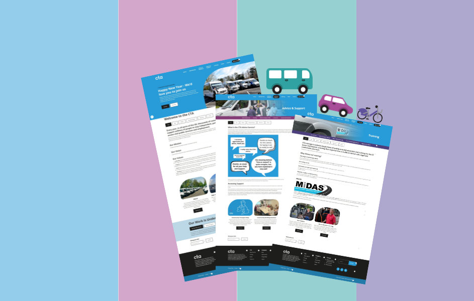 four bar colour background with three website page screenshots overlayed. Bus, car and bike graphics.