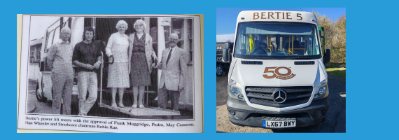A newspaper cutting featuring people standing on Bertie Bus in the past alongside Bertie Bus now celebrating its 50th anniversary