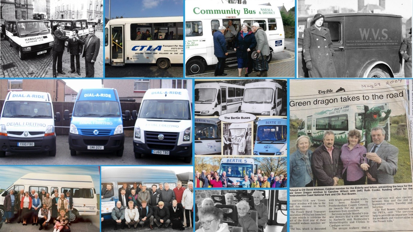 Collage of images from various community transport organisations showcasing their vehicles from previous years.