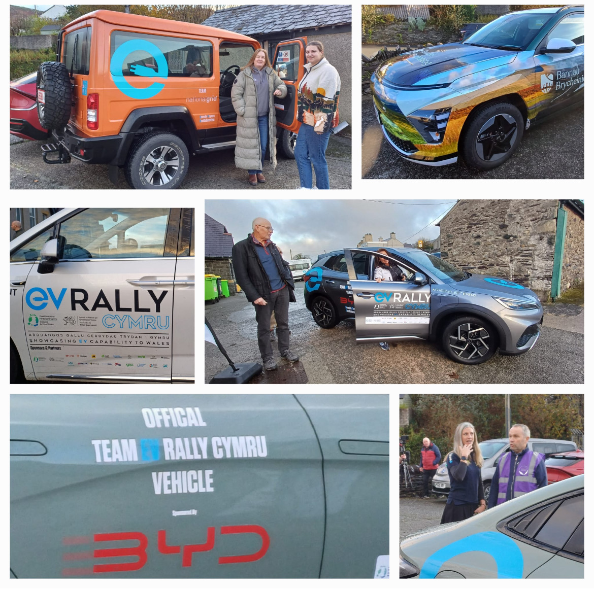 photo montage showing various electric vehicles with rally signage and people exploring the cars