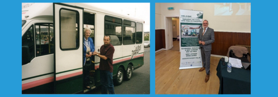 Images of Kelvin Cochrane then and now. Photo on the left shows him with an old community transport vehicle helping a person out of it. Image on the right shows Kelvin now standing beside a sign wearing a suit.