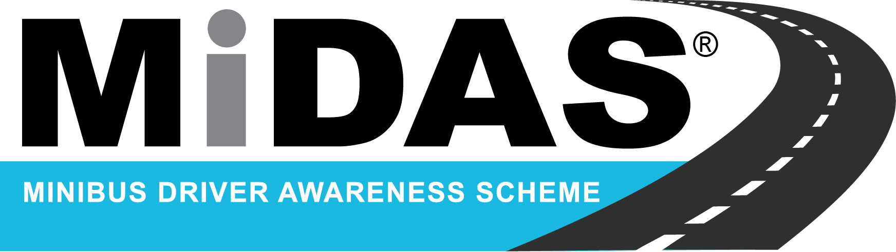 MiDAS Logo. Image shows the Minibus Driver Awareness Scheme with a sweeping road.