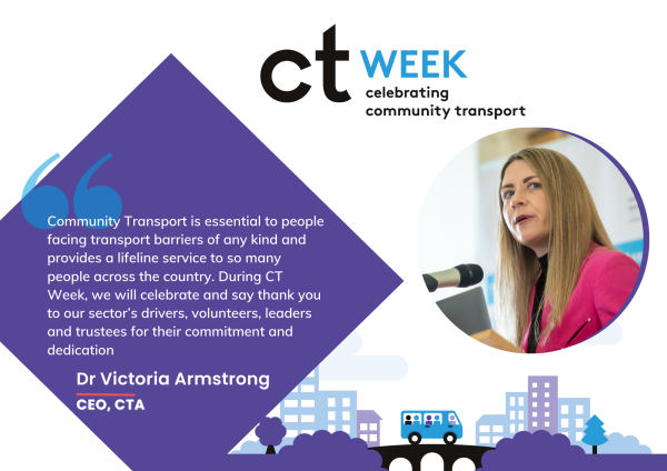 Purple square with white text and circle shaped photo of cta CEO Victoria Armstrong above a purple and blue city scape illustration