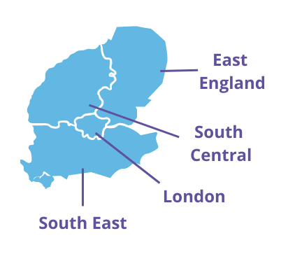 map showing the regions of East England, South Central, London and South East