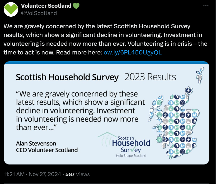 screen shot of a Twitter post from Volunteer Scotland showing a scotland map and blue rectangle with black text