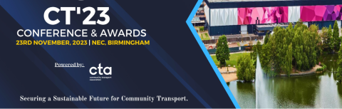 navy blue rectangle with white text, blue banner and photo of Birmingham NEC