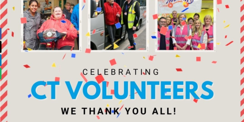 graphic showing volunteers celebrating. Blue text, grey background and red and white border