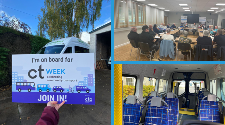 A collage of three images showcasing community transport for CT Week. The first image shows a person holding a sign that reads 'I'm on board for CT Week, celebrating community transport. Join in!' in front of a parked minibus. The second image depicts a group of people in a meeting room, sitting around a table, engaging in a discussion. The third image shows the interior of a minibus with blue-checkered seats and yellow handrails, highlighting the vehicle’s seating arrangement