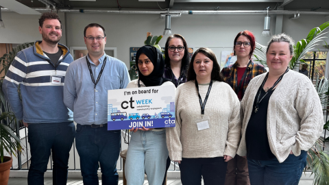 a photo of our ops team surrounding an I'm on board for CTWeek board