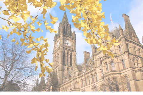 Image shows a yellow brick building at Manchester Uni framed with yellow leaves on branches. Blue triangle with white CTA logo 