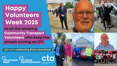 A collage celebrating Volunteers Week 2025, featuring photos of Community Transport volunteers including individuals standing by vehicles, attending events, and posing in groups. The left side features a bold message on a blue and purple background: “Happy Volunteers Week 2025 to all the amazing Community Transport Volunteers who keep the wheels turning on CT! Join us in celebrating #VolunteersWeek.” Logos for Volunteers’ Week and CTA feature.