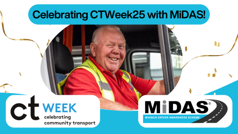 A smiling Community Transport driver wearing a red polo shirt and yellow hi-vis vest sits at the wheel of a minibus. Gold ribbon graphics decorate the image. Text reads: “Celebrating CTWeek25 with MiDAS!” with the CT Week logo and the MiDAS (Minibus Driver Awareness Scheme) logo below.