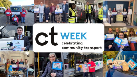 A collage celebrating Community Transport Week, featuring groups of community transport staff, volunteers and supporters holding “I’m on board for CT Week” and “We love Community Transport” signs beside minibuses and community vehicles across the UK. The central image shows the CT Week logo with the text “ct WEEK – celebrating community transport