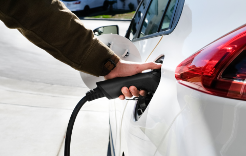 A hand holds an electic vehicle charger