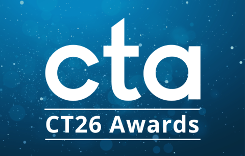 CTA logo in white with “CT26 Awards” beneath, set against a blue background with soft light dots resembling glitter