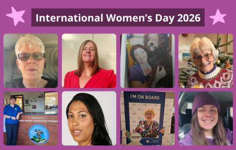 Collage graphic titled “International Women’s Day 2026” showing eight photos of women involved in community transport. The images include women of different ages and backgrounds: some pictured in vehicles or workplaces, one holding a dog, one standing at a community transport reception desk, one posing with an “I’m on board” frame, and one wearing a winter hat inside a vehicle. The graphic celebrates women working and volunteering in community transport.