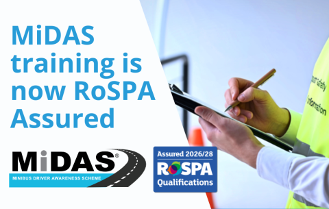 MiDAS promotional graphic with text reading “MiDAS training is now RoSPA Assured”. Includes MiDAS logo, RoSPA Assured 2026/28 badge, and image of a person in a high-visibility jacket writing on a clipboard.