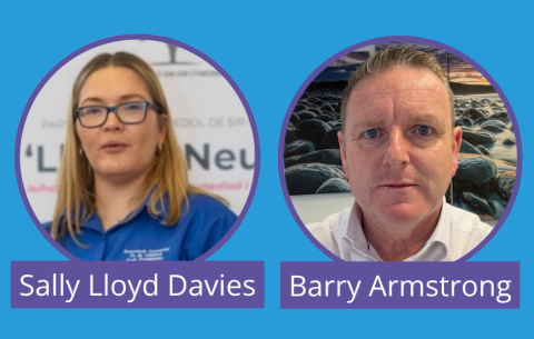Graphic introducing Sally Lloyd Davies and Barry Armstrong. Two circular headshots are shown side by side on a bright blue background, with each person’s name displayed underneath in white text on purple nameplates.