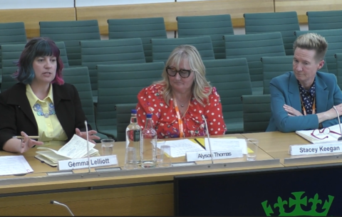 Image of 3 individuals seated at a table, speaking in parliament. Name badges show Gemma Lelliot, Alyson Thomas in the middle and Stacey Keegan on the right.