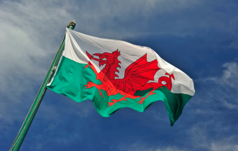 Image shows the flag of Wales waving in the blue sky 