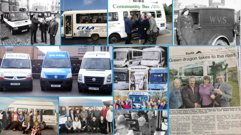 Collage of images from various community transport organisations showcasing their vehicles from previous years.