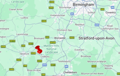 Part of the map of the UK zoomed in to England, in particular, Ledbury which is marked with a red pin