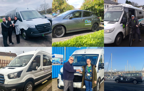 A collage of some CTA members with their community transport vehicles that they received as part of the Plugged-In funding