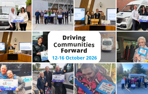 Collage of CTWeek images featuring various people holding CTWeek branded signs with the "Driving Communities Forward" Logo in the middle