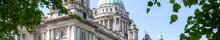 photo of Belfast City hall surrounded by tree branches and blue skies 