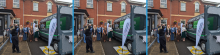 Group of people standing in front of a van with 'Stockport Car Scheme' written on it. The group includes men and women, and they are posing for a photo while a photographer captures the moment. Two 'Motability Foundation' banners are placed next to the van outside a brick building.