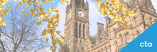 Image shows a yellow brick building at Manchester Uni framed with yellow leaves on branches. Blue triangle with white CTA logo 