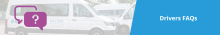 Graphic banner showing community transport minibuses in the background, with purple speech bubble icons containing a question mark and a large blue panel on the right reading "Drivers FAQs".