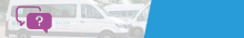 Graphic banner showing community transport minibuses in the background, with purple speech bubble icons containing a question mark and a large blue panel on the right.