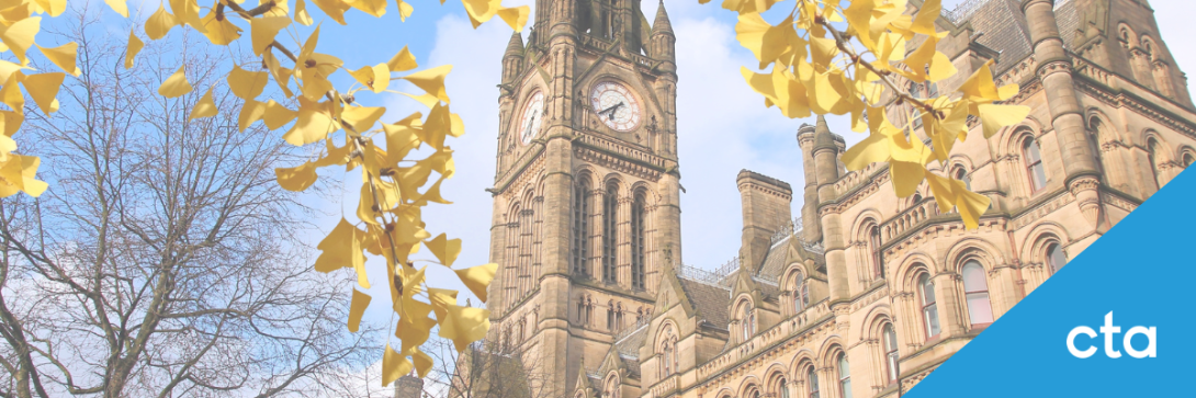 Photo showing Manchester university yellow brick building, framed by yellow leaves and branches. CTA logo in white. 